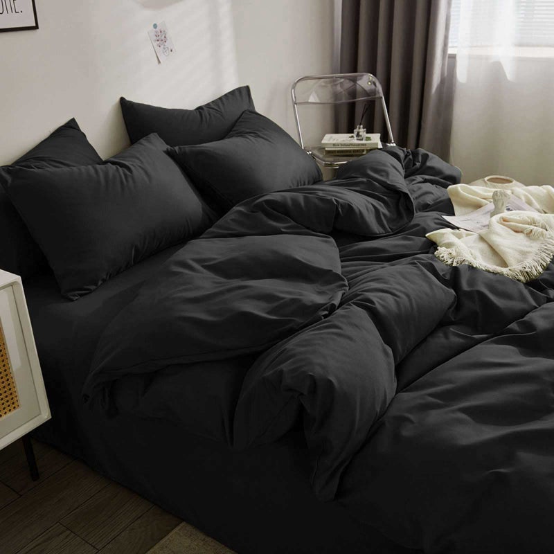 Nanko Queen Duvet Cover Set Black 3pc 90x90 Luxury Microfiber Down Comforter Quilt Bedding Cover with Deco Buttons Zip Closure Ties - Modern Style for Men and Women Chambray Teen - Image 1